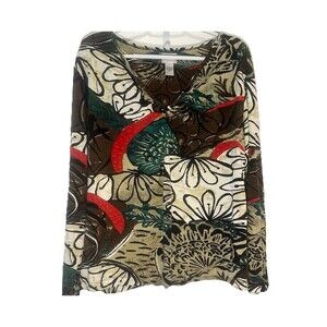 Chico’s Size XL Abstract Floral Print V Neck Top Brown Green Red Stretch Knit